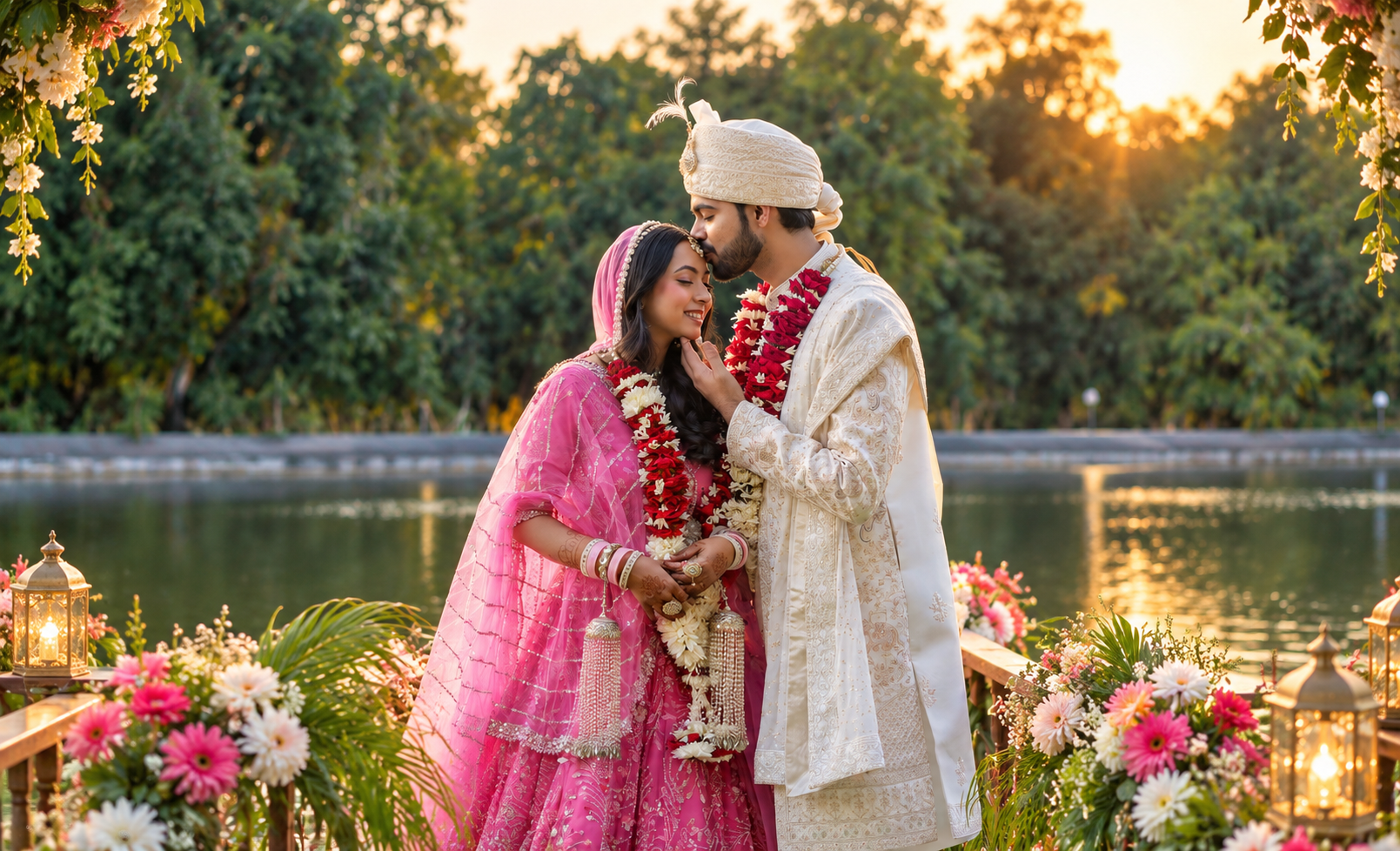 Bride and groom at the lakeside mandap during a sunset wedding at Unwind Resort