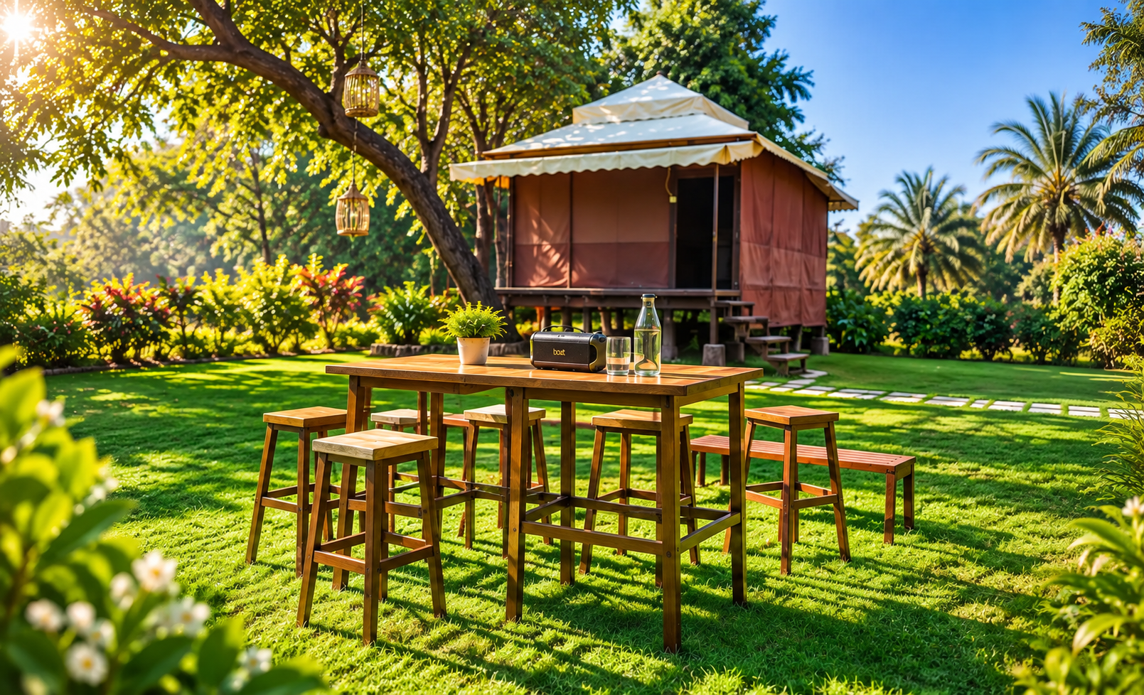 Garden seating with lounge table and tent at Unwind Resort