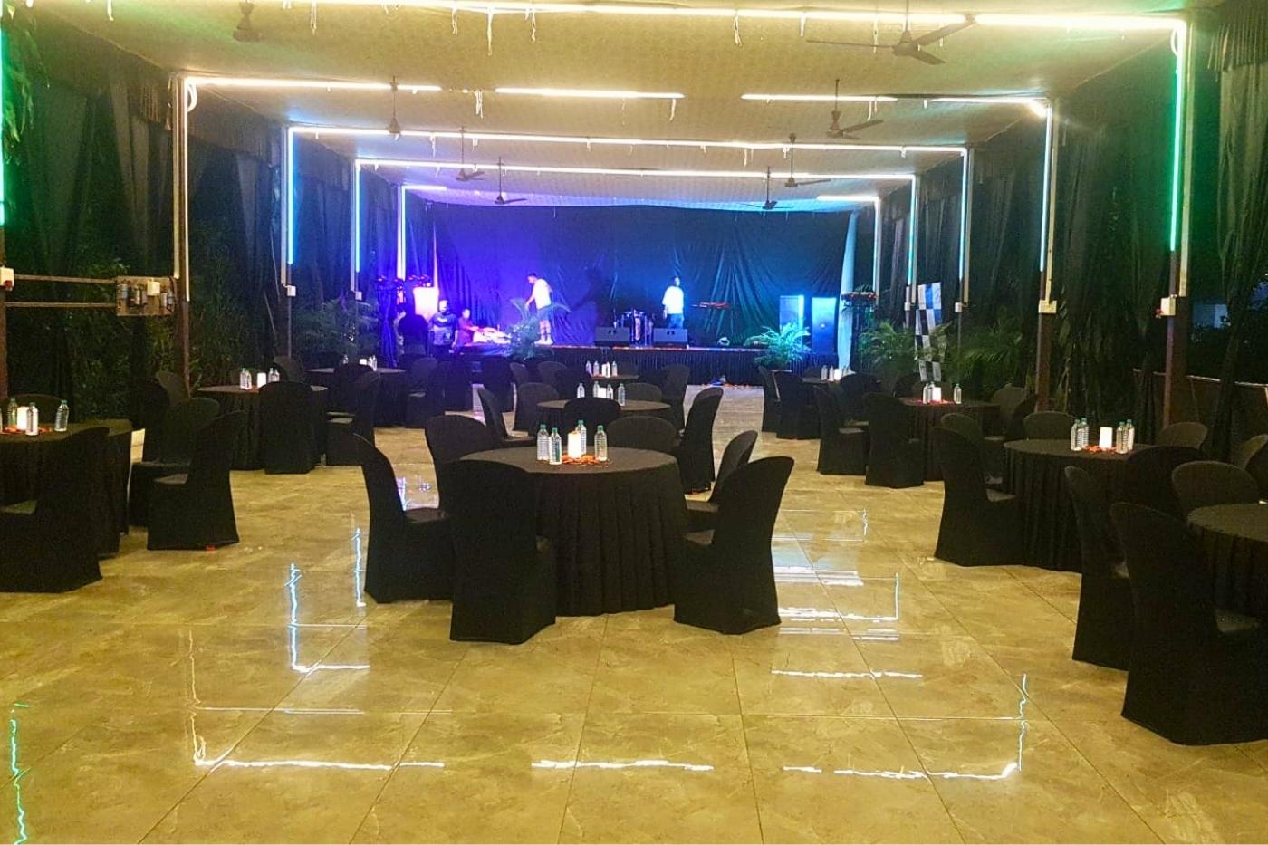 Banquet hall set up for an evening event
